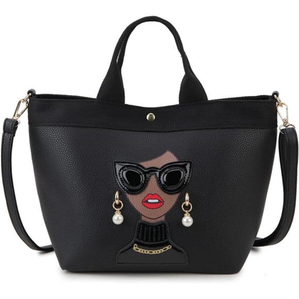 Quirky Lady Face Handbag - PU Leather Satchel, Top Handle Shoulder Bag